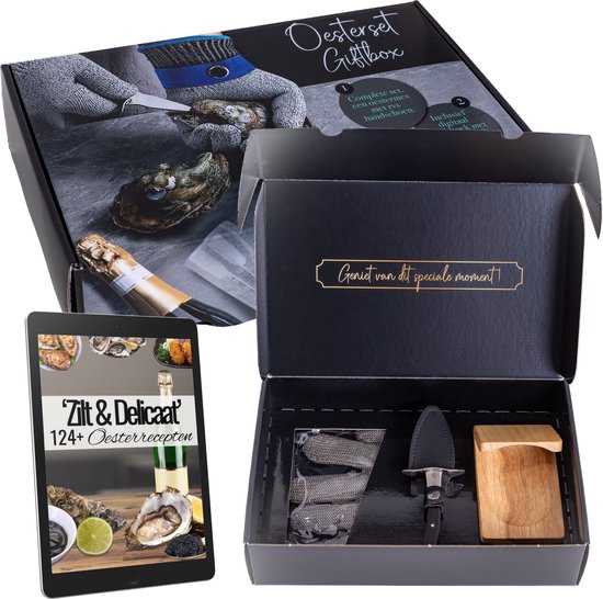 TEN® Geschenkset Oestermes Zwart met RVS Oesterhandschoen & Houten Oesterhouder + 124 Oesterrecepten - Cadeauverpakking/Zakelijk/Kado