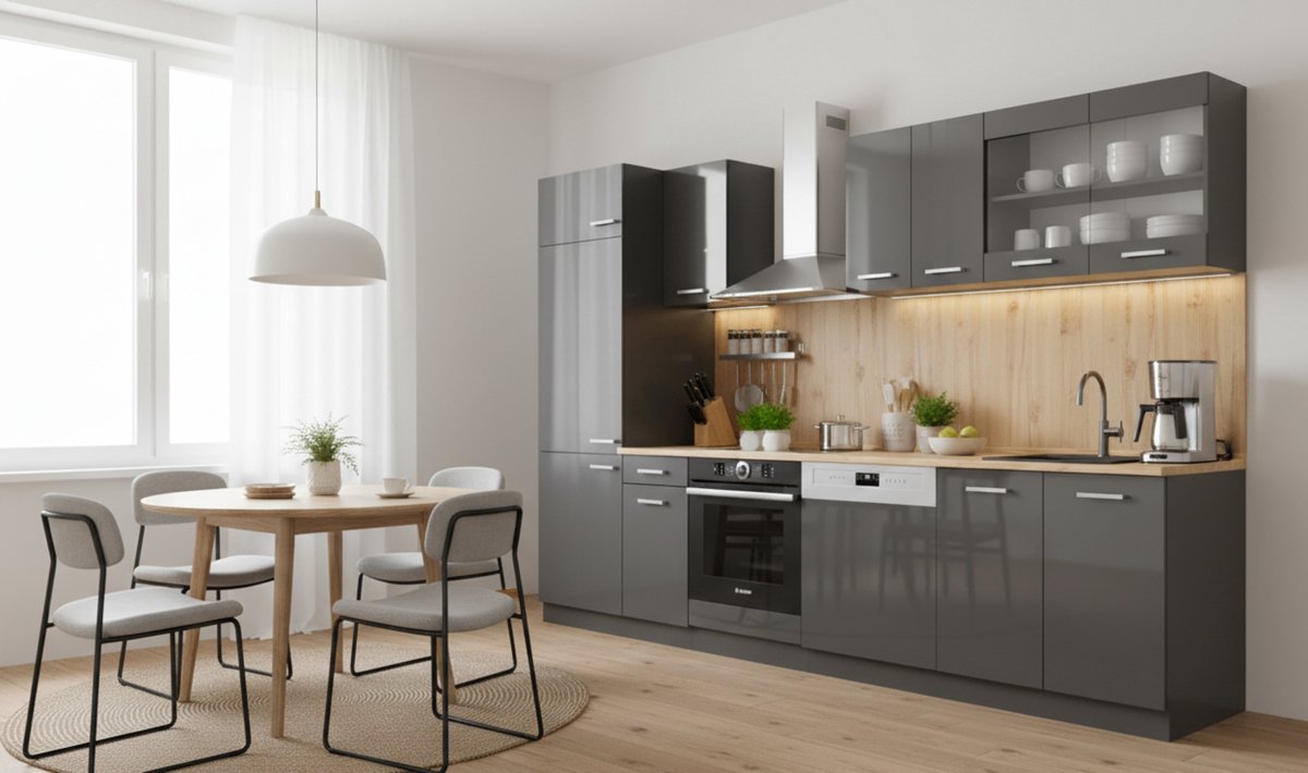 Keukenblok Luxe Design R-Line 300 cm Antraciet Hoogglans met Eiken Werkblad – Complete Moderne Keukenset met Onderkasten, Bovenkasten & Verstelbare Poten – Novihome