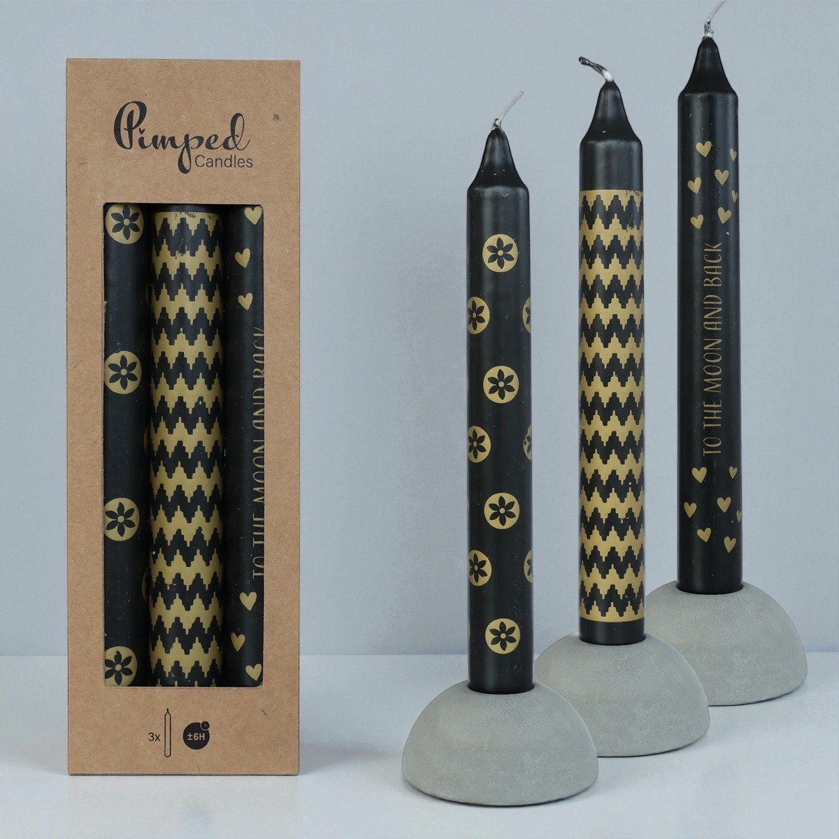 Hortus - Pimped kaarsen to the moon black & gold, 3 st.