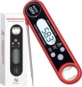 Rode digitale vleesthermometer met zilveren sonde en flesopener, naast de verpakking.