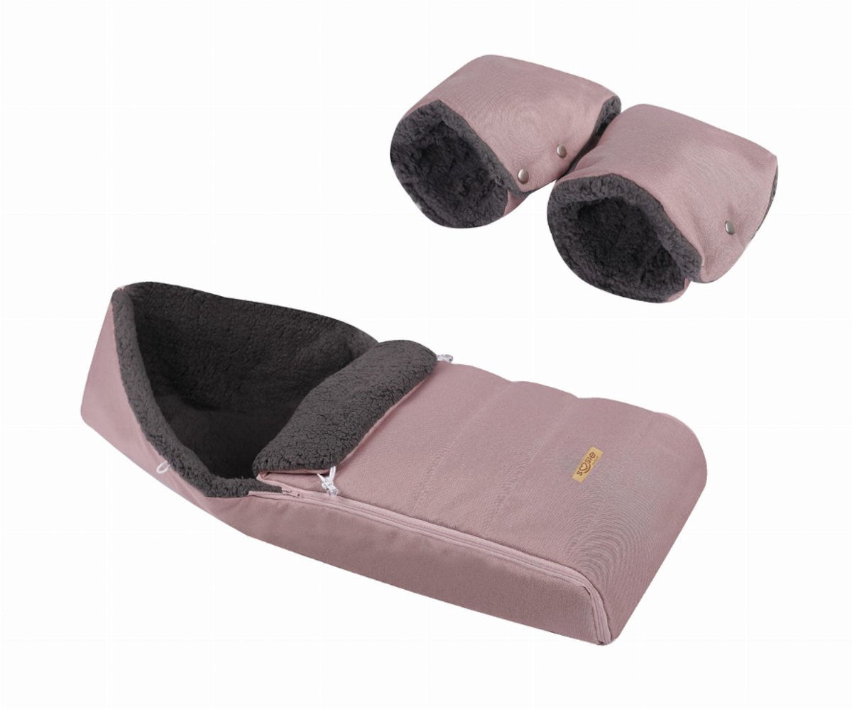 SOOSIE Winter Kinderwagen Voetenzak + Handmof – Roze Melange & Grijs Teddy – Universeel – Waterproof – 110 cm
