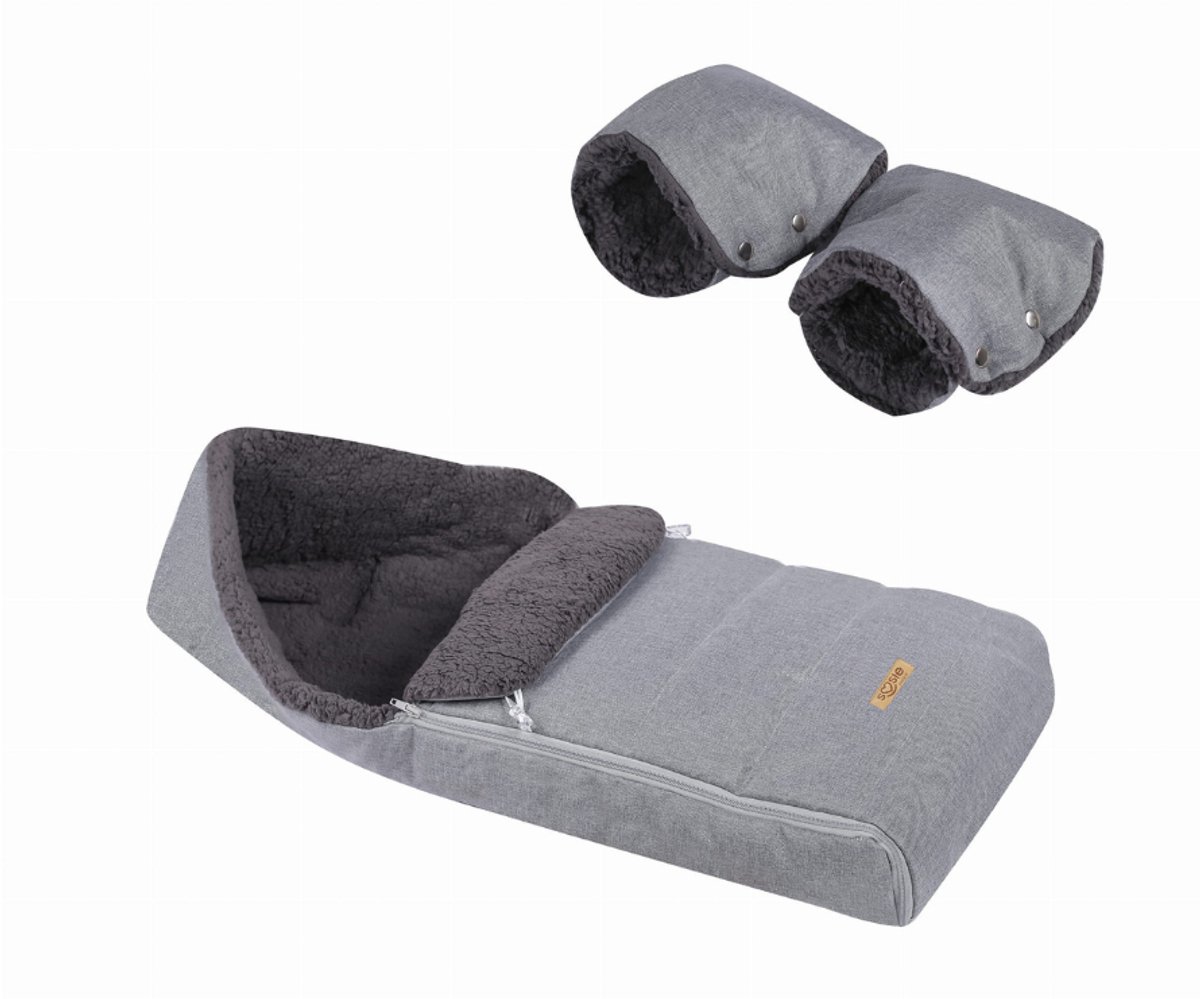 SOOSIE Winter Kinderwagen Voetenzak + Handmof – Grijs Melange & Donkergrijs Teddy – Universeel – Waterproof – 110 cm