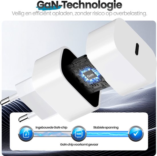 Close-up van witte USB-C oplader, met zichtbare GaN-chip en 'GaN-Technologie' tekst.