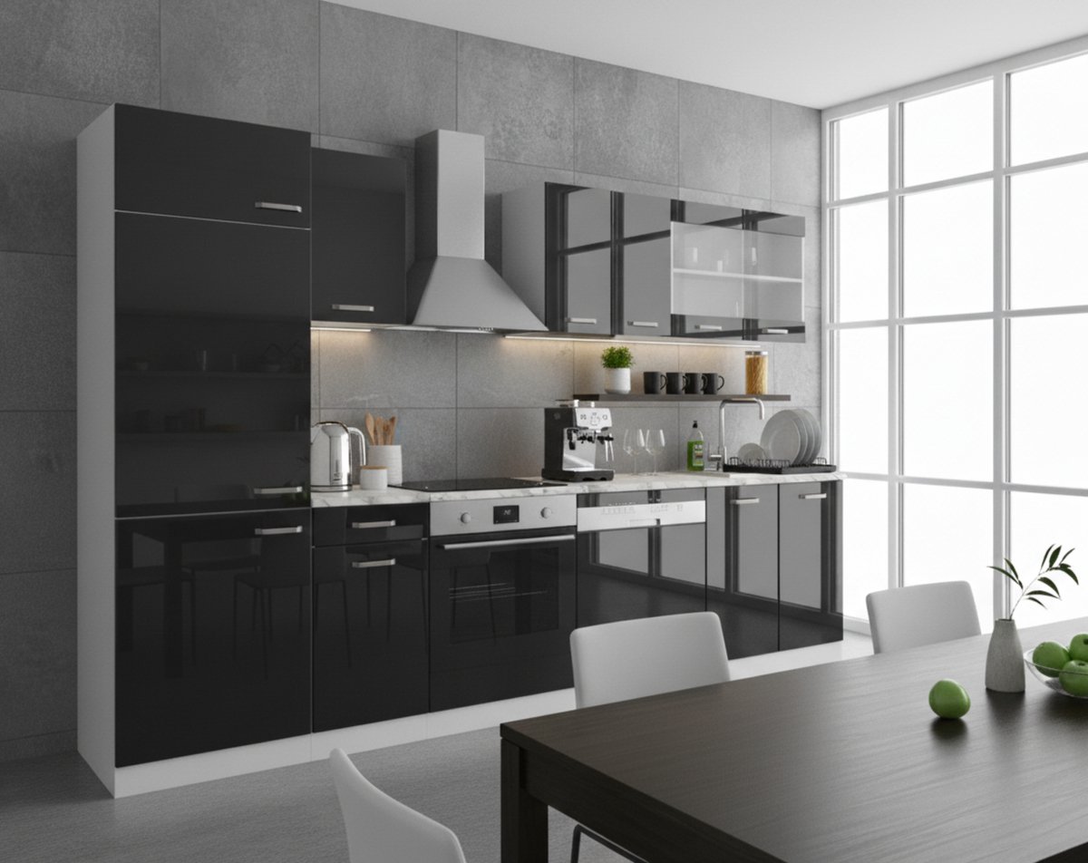 R-Line Keukenunit Keukenblok complete keukeneenheid 300 cm zwart hoogglans/wit met werkblad, modern design, stofdicht, verstelbare poten – Novihome