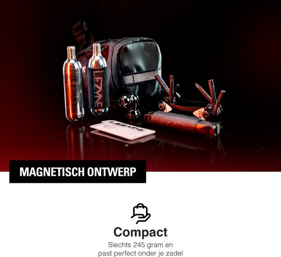 Lezyne M-Caddy CO2 Kit - Praktisch zadeltasje met complete CO2-kit - Twin Speed ​​Drive CO2 inflator, twee 16g CO2-bussen, een RAP 6 multitool en Matrix Levers Bandenlichters - 130x60x80 mm - 0.6 Liter - Nylon - Zwart