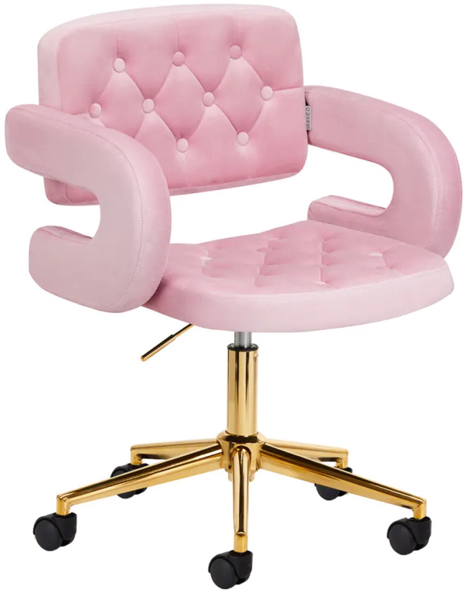 Draaistoel LUX roze fluweel - luxe stoel - salonstoel - decor - visagie stoel - kapper stoel - fluweel - gouden stoel - draaibaar