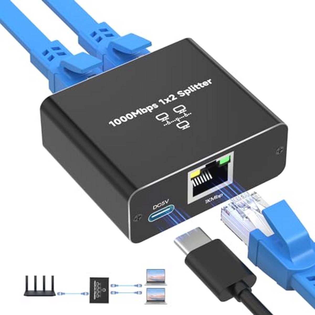Gigabit Ethernet Switch 1000 Mbps met 2 Poorten en USB-C Kabel