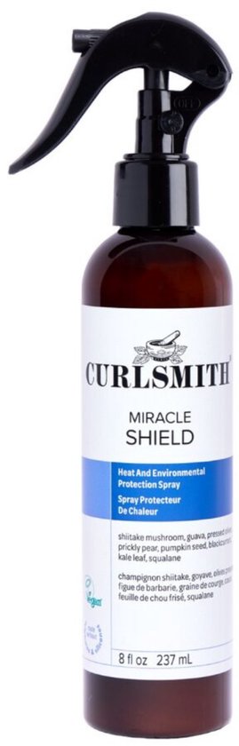 Een fles Curlsmith Miracle Shield spray met een bruine fles en een zwarte spuitkop, op een witte achtergrond.