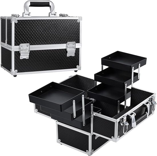 Beautycase Antraciet – Cosmeticakoffer met Slot – Aluminium/MDF, Waterafstotend – Compact 30,5×18×22,5 cm