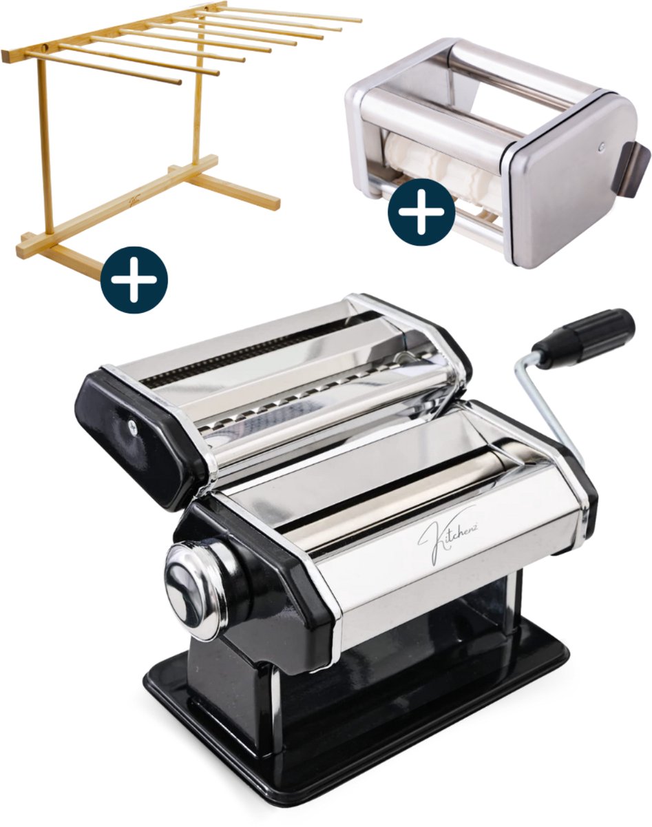 Bol.com Kitchenz® Pastamachine Zwart – Pastamaker Starterset met Ravioli Opzetstuk & Pasta Droogrek – Inclusief Pastadroogrek vo... aanbieding