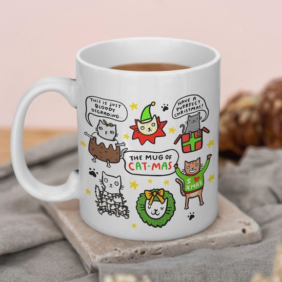 Creasowl® The Mug of Cat-mas Mok met Spreukjes 325ml – Keramische Koffiemok met Katten Illustraties - Grappig Kerstcadeau voor Kattenliefhebbers - Kerstmok - Mok voor Koffie, Thee of Chocolademelk