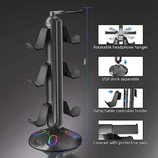 RGB Gaming Hoofdtelefoon en Controller Stand met 9 Lichtmodi en USB Oplaadpoorten — afbeelding 3