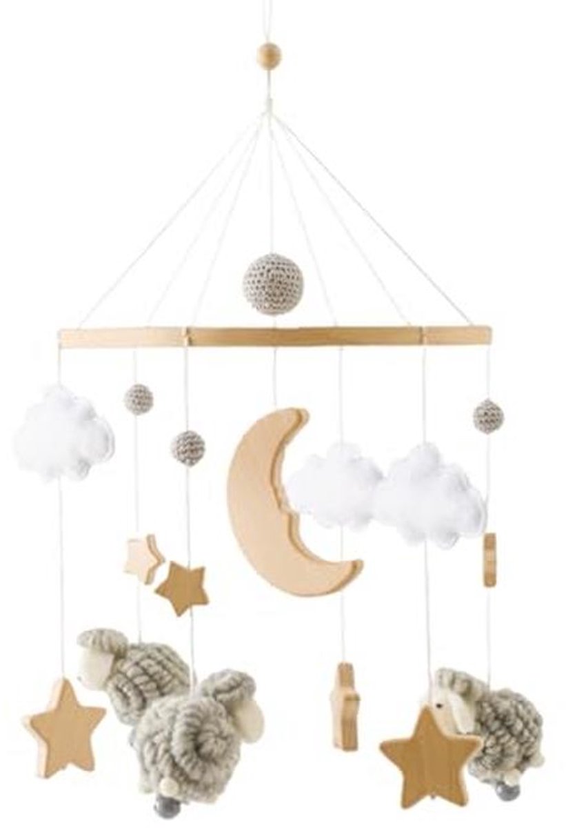 Mobiele babybedbel met sterren, maan en schapen voor meisjes - Hangend windspel voor babybed en kinderbed in grijs