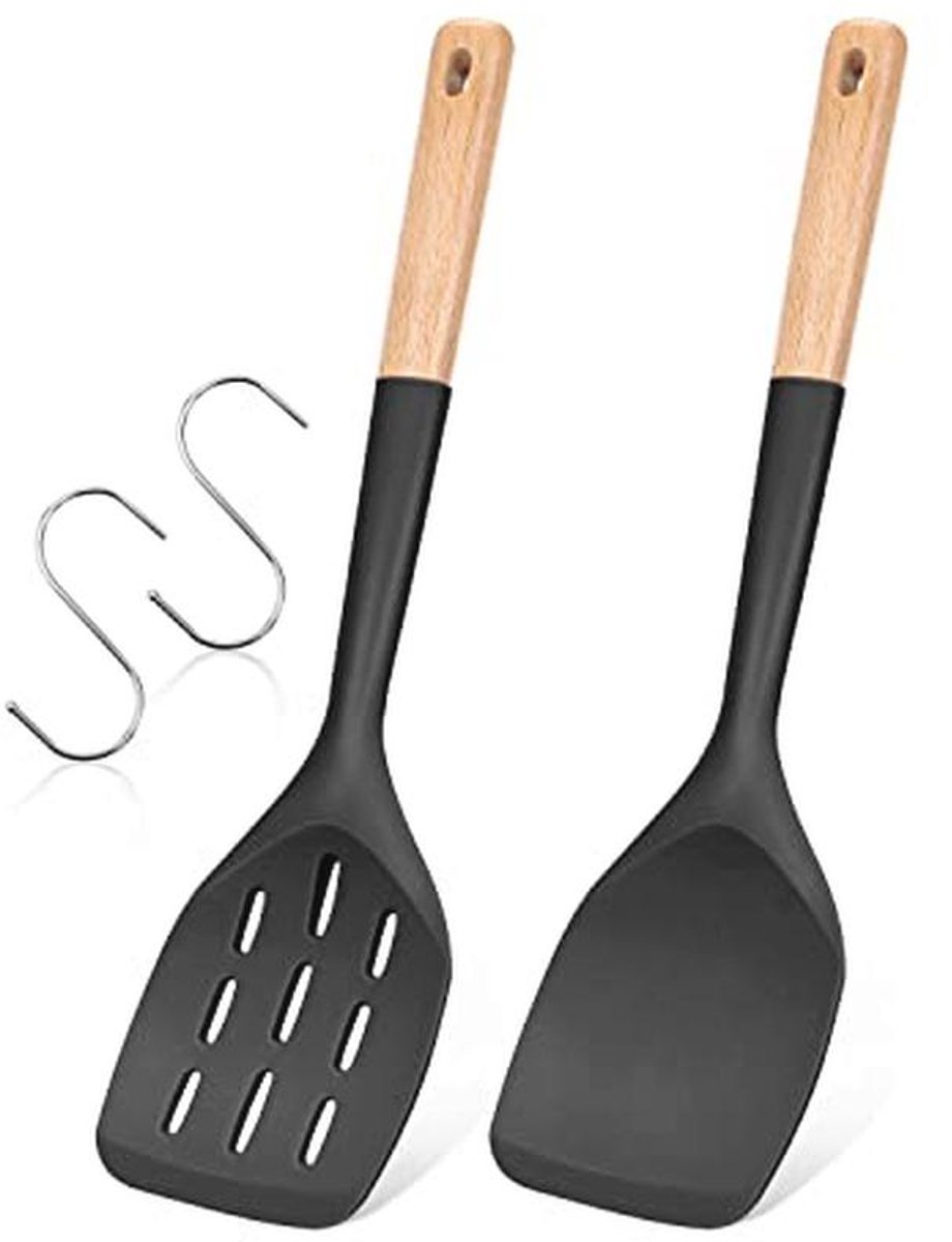 Set van 2 Hittebestendige Siliconen Spatels met Houten Handvat voor Bakken en Grillen
