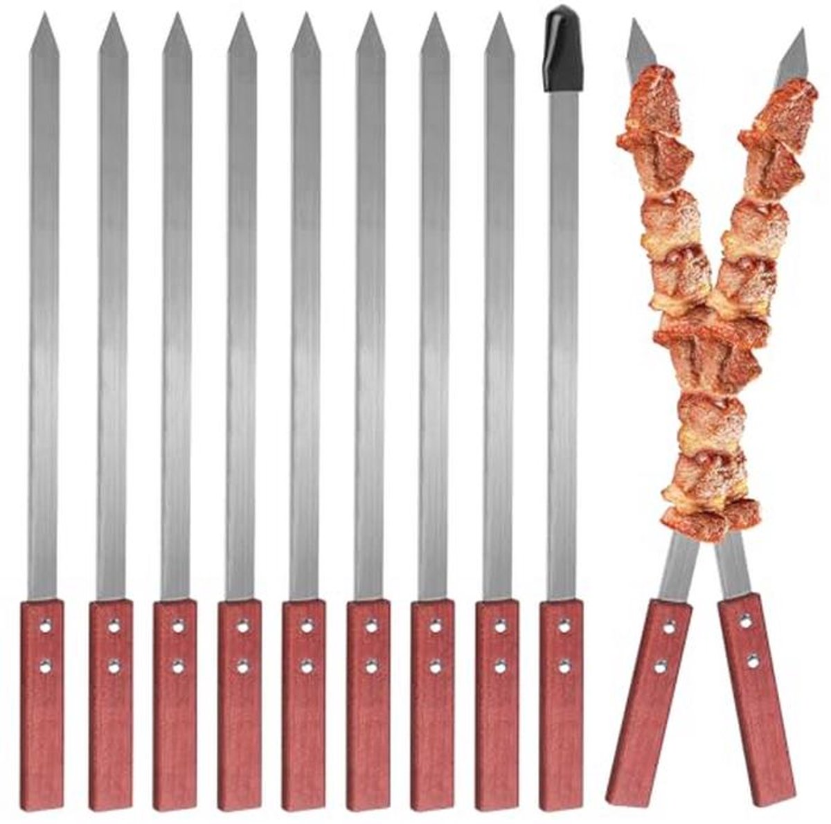 Set van 10 RVS Grillspiesen - 59,5 cm Lange Shashlik Spiesen voor BBQ en Kampeeruitjes