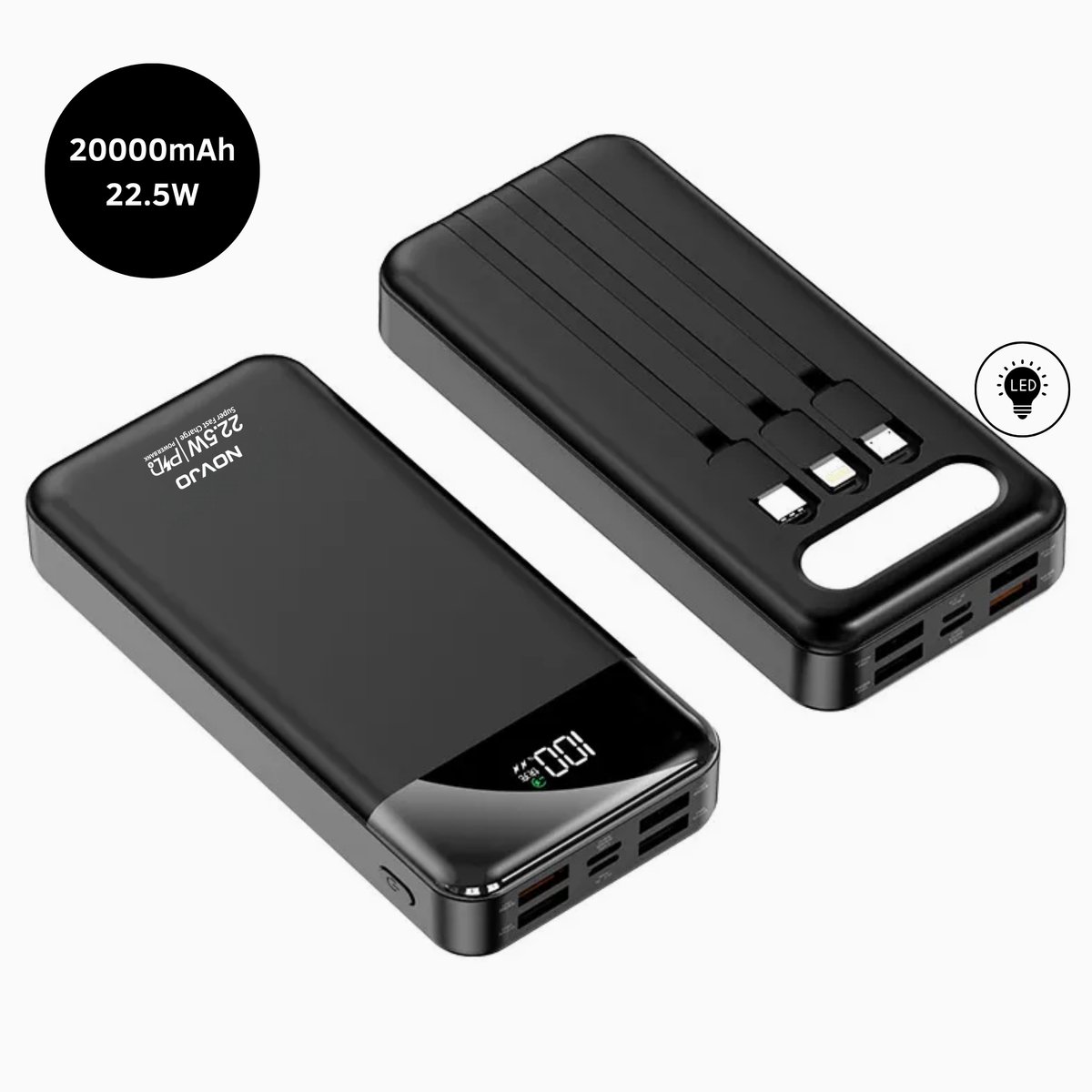 NOVJO® Powerbank 20000mAh - 22.5W Supersnelle Oplader met Ingebouwde Kabels en LED-Lamp - Geschikt voor iPhone en Samsung - Zwart