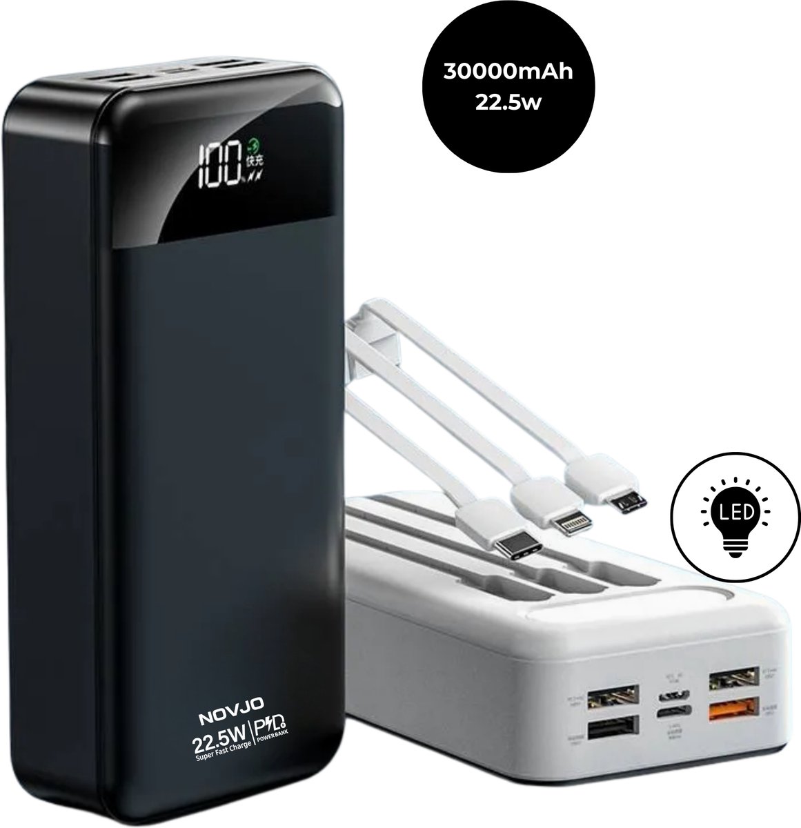 NOVJO® Powerbank 30000mAh – 22.5W Supersnelle Oplader met Ingebouwde Kabels en LED-Lamp – Geschikt voor iPhone en Samsung – Zwart