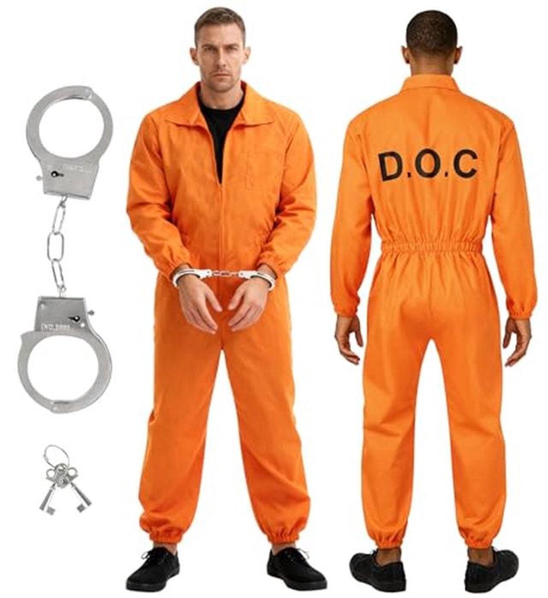 Mineup Gevangeniskostuum oranje, gevangeniskostuum voor heren, klassieke prisoner-overall met handboeien, gevangenenkostuum, carnaval, cosplay, Halloween, kostuum voor volwassenen (165-180 cm)