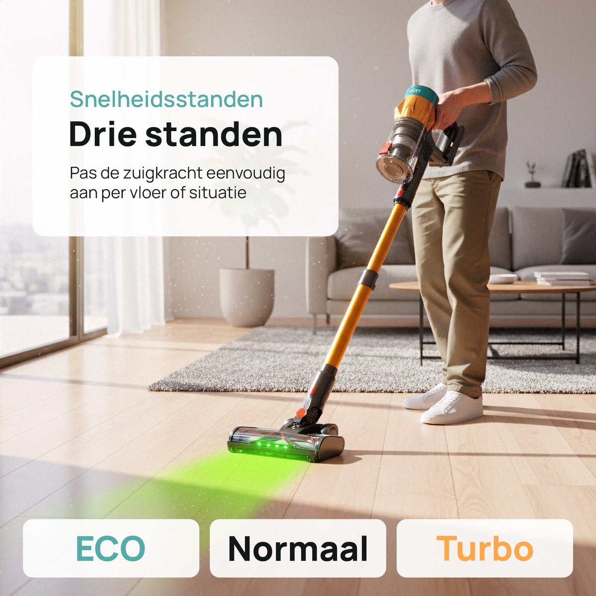 Avey S670 Steelstofzuiger Draadloos – 550W – 35Kpa Zuigkracht – 40 min Batterijduur – Zakloos – Lichtgewicht – LED Verlichting – 3 Snelheden – Kruimeldief – Voor Alle Vloeren & Dierenharen – foto 7
