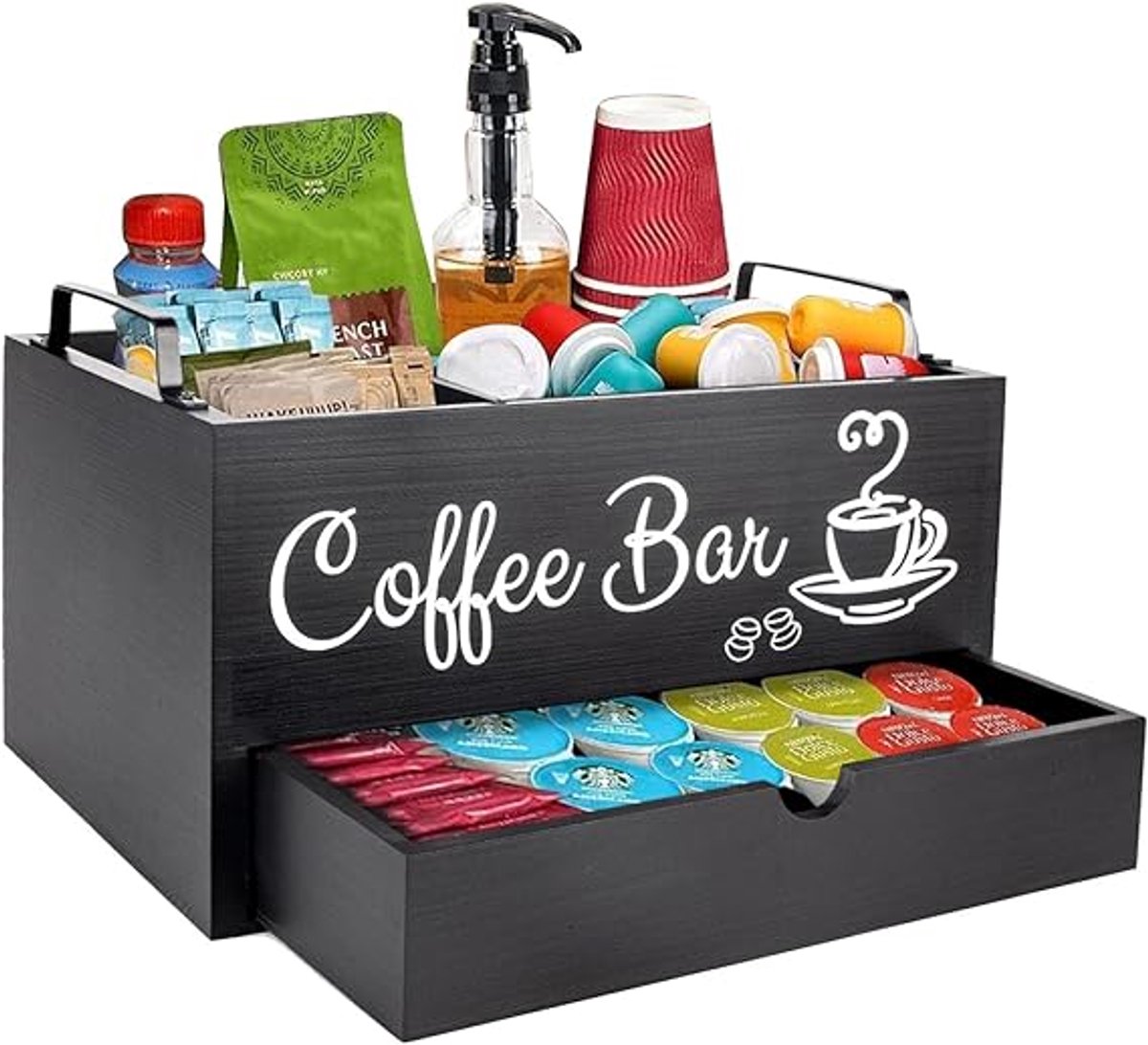 Famanu - Zwarte koffie- en thee-organizer met vakken voor koffiecapsules, melk en suiker, ideaal voor keuken of kantoor