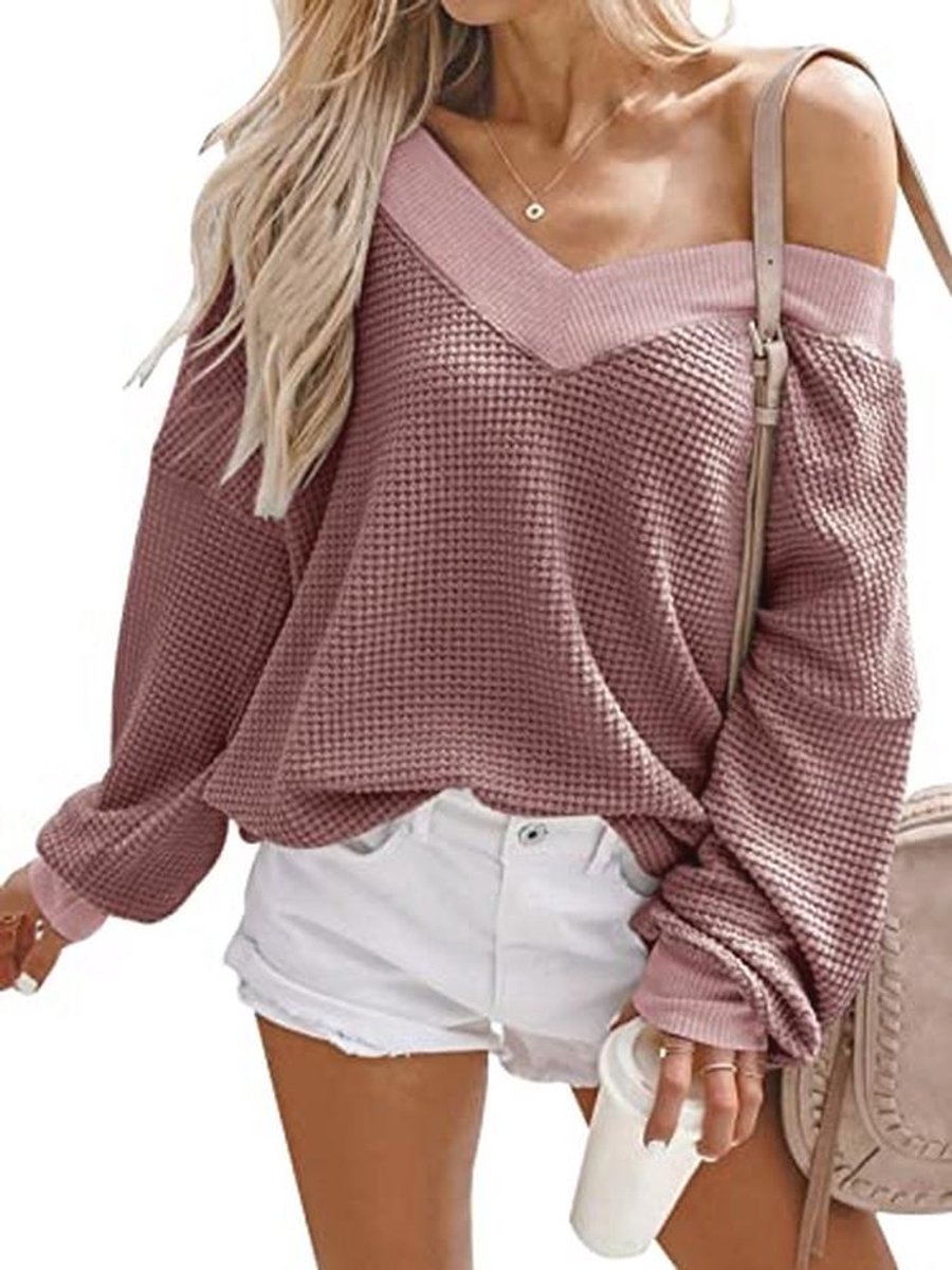 V-hals Off Shoulder Trui voor Dames - Lange Mouw, Wafel Gebreid Oversized T-shirt - Casual Mode