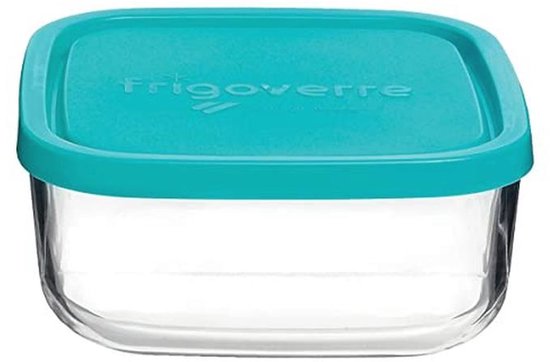 Vierkante glazen bewaarbak met turquoise deksel.