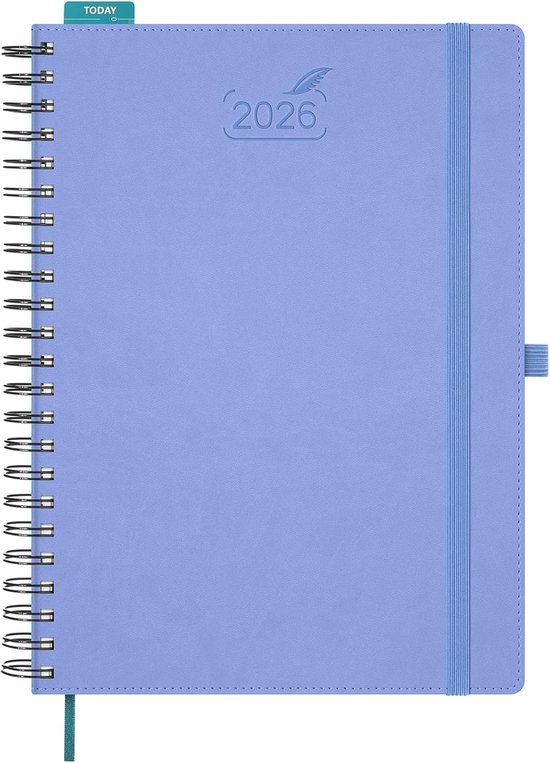 Lichtblauwe ringbandagenda voor 2026 met elastische sluiting en een penlus.