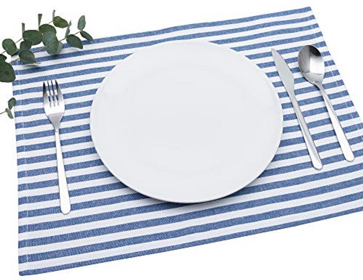 Scandinavische placemats blauw/wit gestreept - 4 stuks 33 x 45 cm van 100% katoen