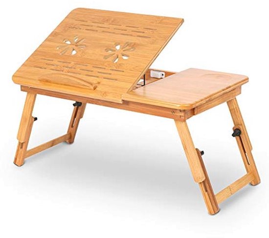 Ebtools Bamboe Bedtafeltje – Inklapbaar Laptopbureau Met Lade, Verstelbare Poten En Ventilatiegaten (Natuurlijke Bamboe)