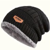 Fleece-gevoerde gebreide beanie - Unisex - One Size - Wintermuts - Muts - Warm - Rekbaar - Winddicht - Zwart