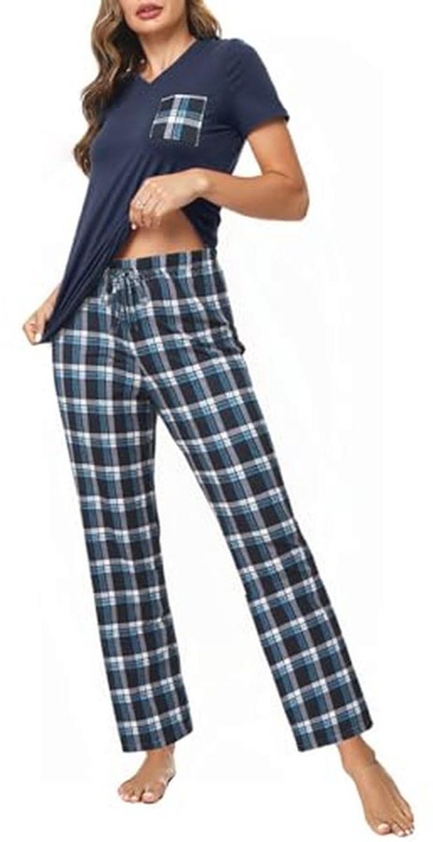 Dames Katoenen Pyjama Set Korte Mouwen en Lange Broek V-Hals Nachtkleding Loungewear