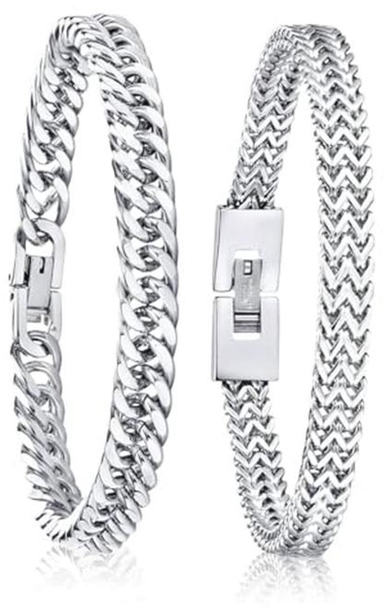 Roestvrij Stalen Armbanden voor Heren - 2 Stuks Zilver, Pantserketting, Duurzaam Design