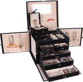 XXL Luxe Sieradenbox Met Spiegel - Sieradendoos - Bijouteriedoos Opbergbox - Juwelen Opbergdoos - PU Leder Zwart