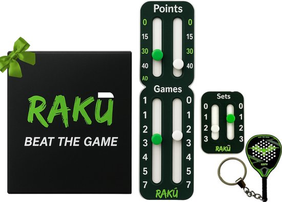 Raku Scoretracker – Scorekeeper voor Padel & Tennis – Met 3M Tape - Score Sticker – Inclusief Padel Racket Sleutelhanger – Zwart