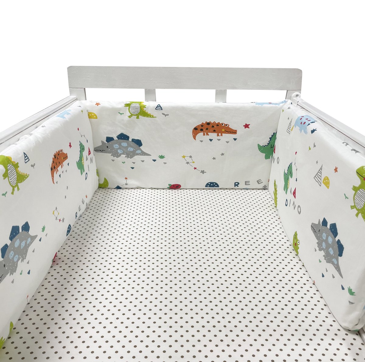 Il Bambini - Bedomrander 180x30cm - Baby Bedbumper Ledikant - Katoen - Wit met dinosaurussen - dino's