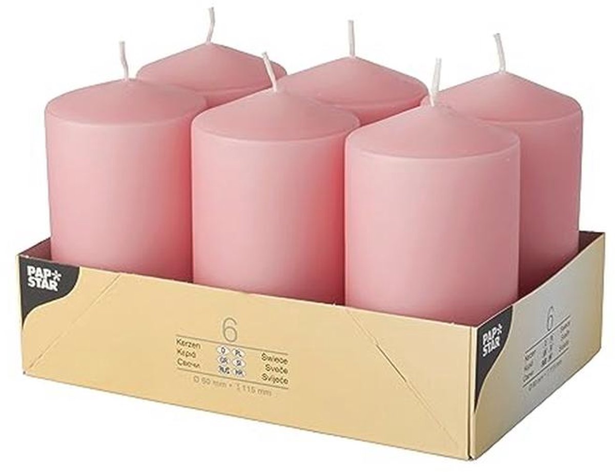 Oudroze stompkaarsen 60 x 115 mm (6 stuks) - Hoogwaardige kwaliteit met lange brandduur