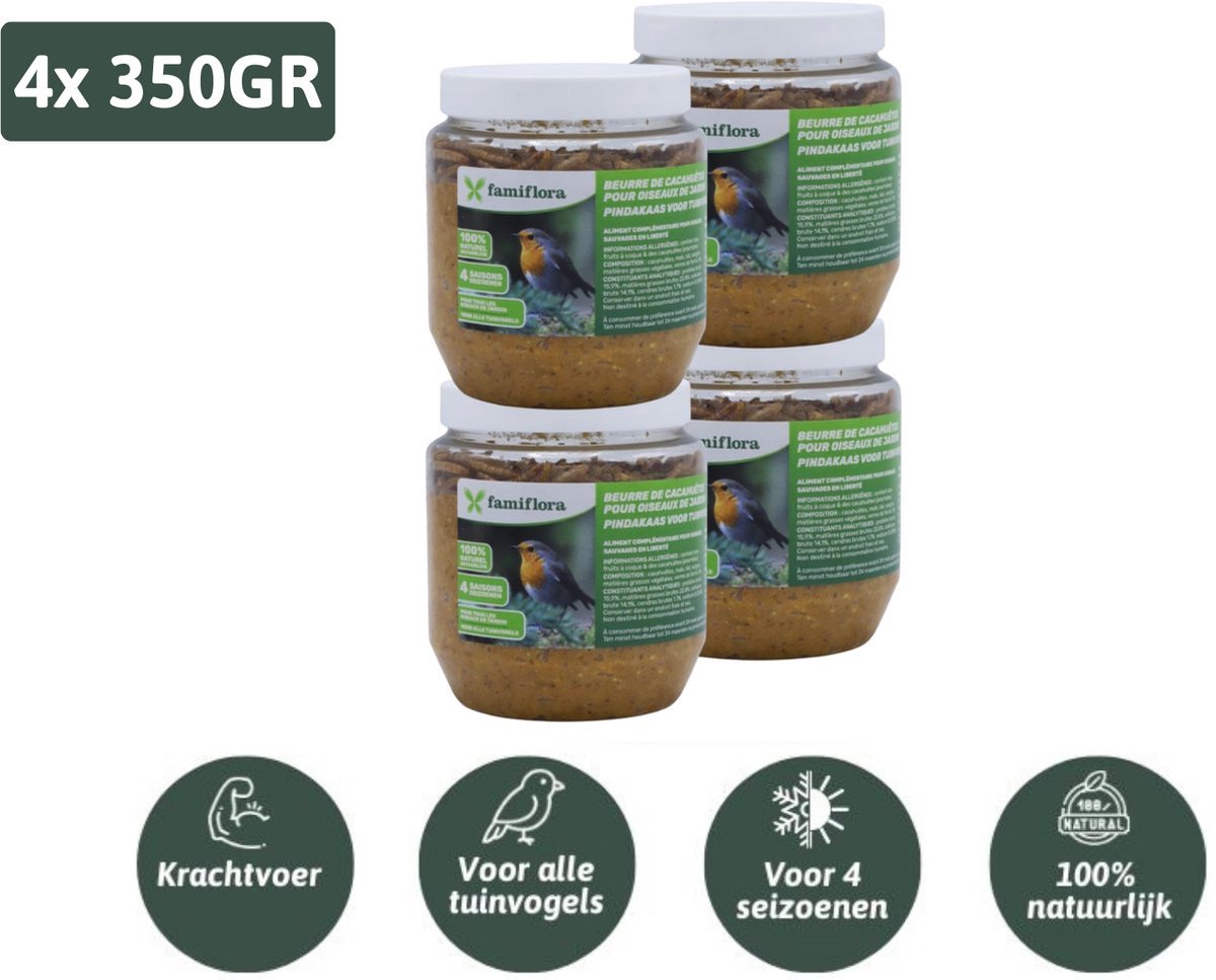 Famiflora vogelpindakaas natural 4x 350GR - Pindakaas voor vogels - Geschikt voor alle tuinvogels zodat ze energieker door de winter komen