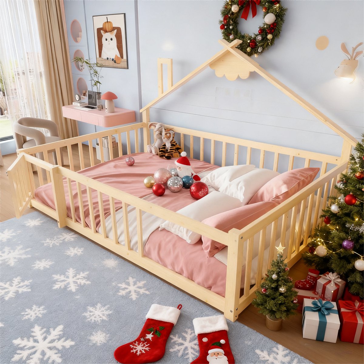 Komhtom Vlak bed, 140x190 cm, kinderbed, plint, hekje met slot, grenenhout, naturel