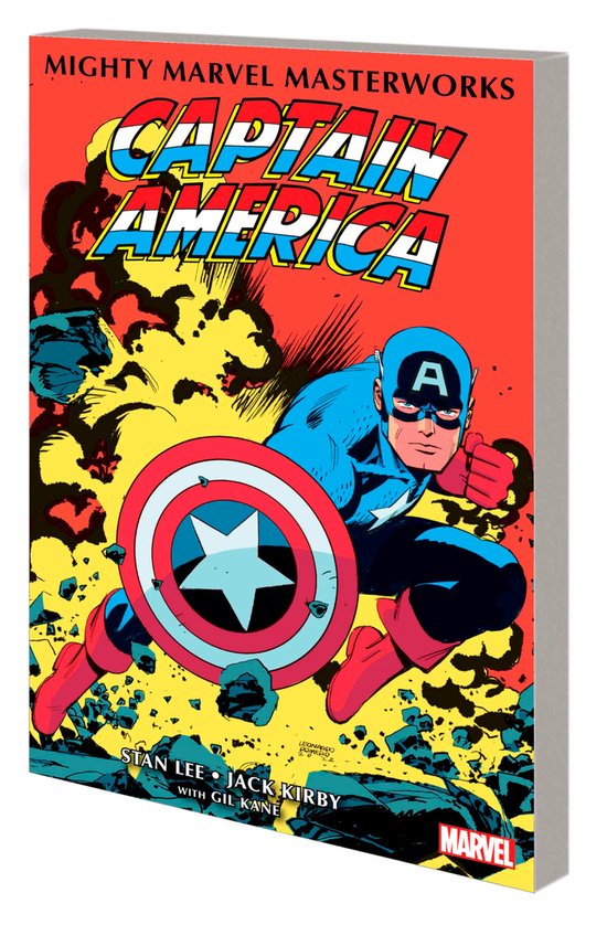 Captain America in zijn blauwe en rode pak met een schild, omringd door explosies. "Mighty Marvel Masterworks Captain America"