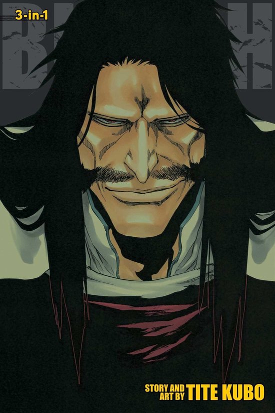 Édition 3-en-1 de Bleach, couverture avec gros plan de Yhwach, sa moustache distinctive et ses longs cheveux noirs.