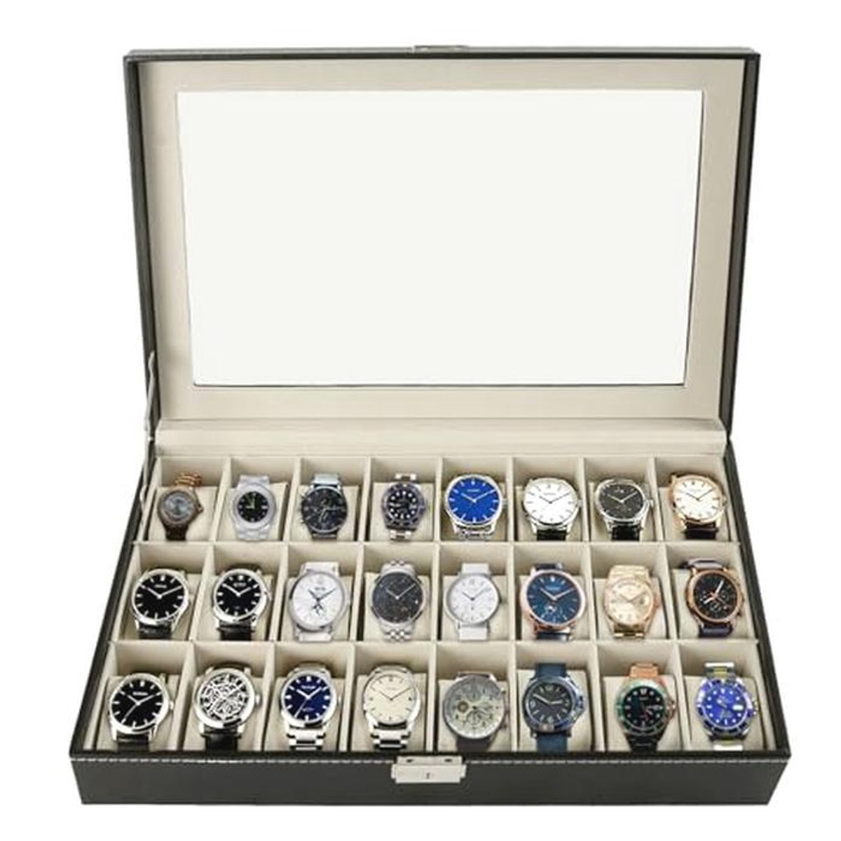 Elegante Horlogedoos met 24 Vakken en Glazen Deksel - Perfect voor Horlogeverzamelaars