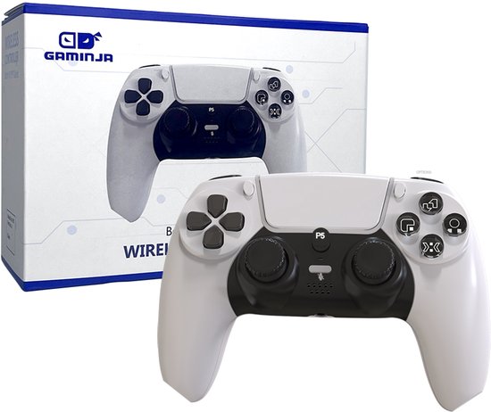 Witte draadloze controller voor de P5, met zwarte knoppen en details, naast de verpakking.