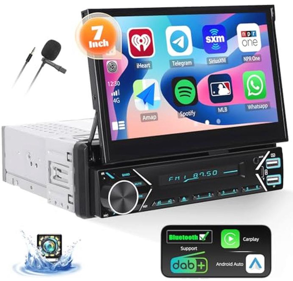 DAB Plus Autoradio 1 Din met CarPlay, Android Auto en Uitschijkbaar Display - 7 Inch Bluetooth Touchscreen MP5-speler met EQ en Achteruitrijcamera