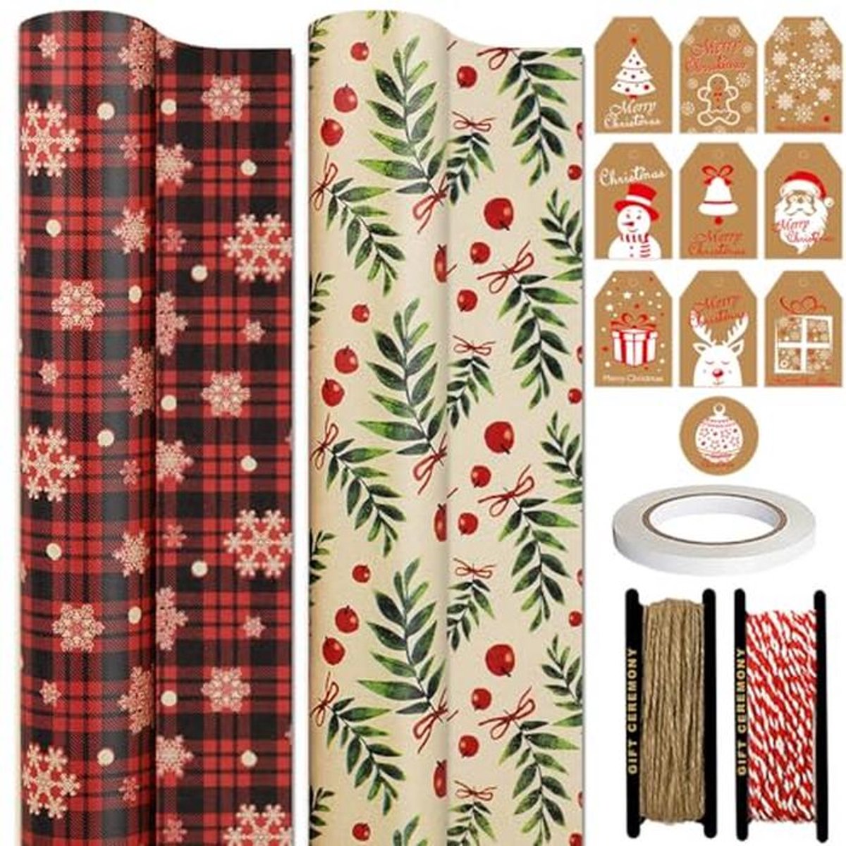 Cadeaupapier Rollen - Kraftpapier Geschenk - Kerst Inpakken - Met Snijlijnen - 2 Rollen 43x15m - Vintage Sneeuwvlok