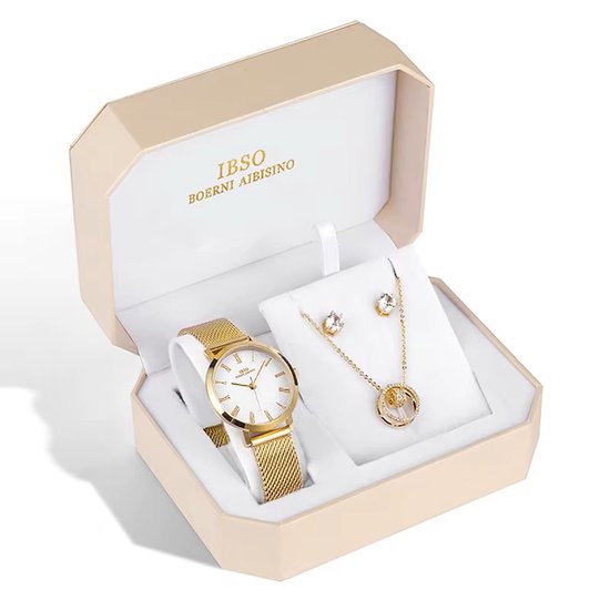 Luxe gouden geschenkset met witte wijzerplaat horloge, cirkel ketting en oorbellen.
