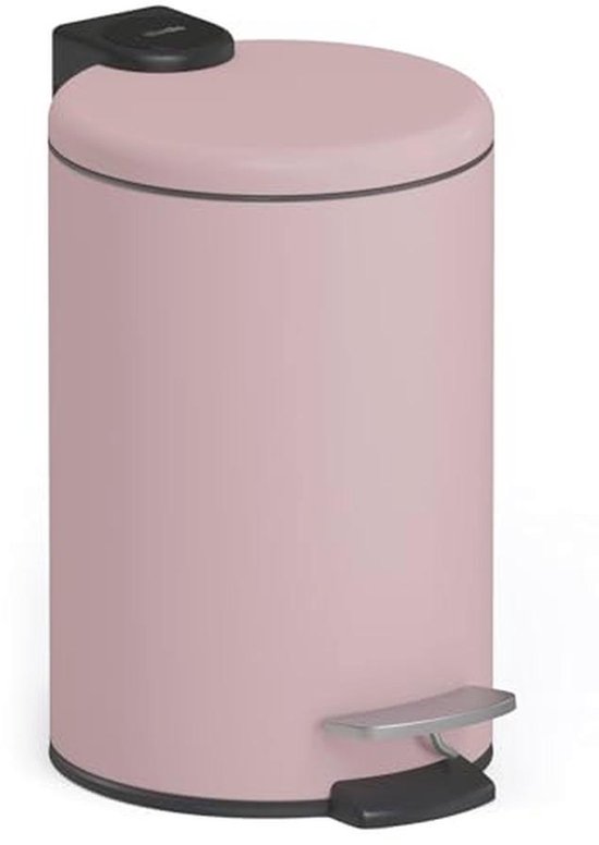 Roze pedaalemmer met gesloten deksel en zilveren pedaal.