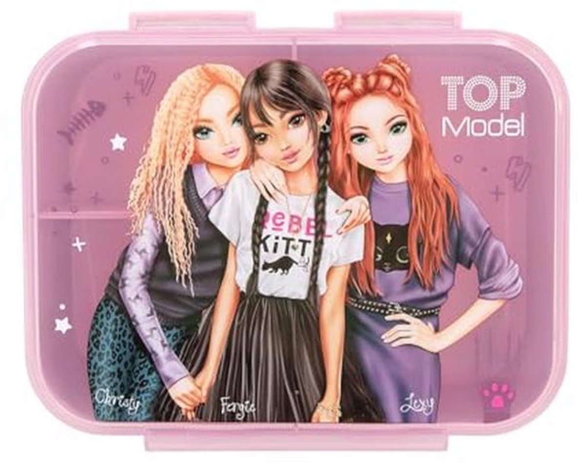 Lunchbox in Paars met Modelmotief en Leo-dessin - 3 Vakken en Transparante Deksel