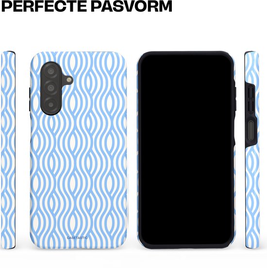 Drie zijden van een telefoonhoesje met zeegolfpatroon in blauw en wit, met een zwarte telefoon.
