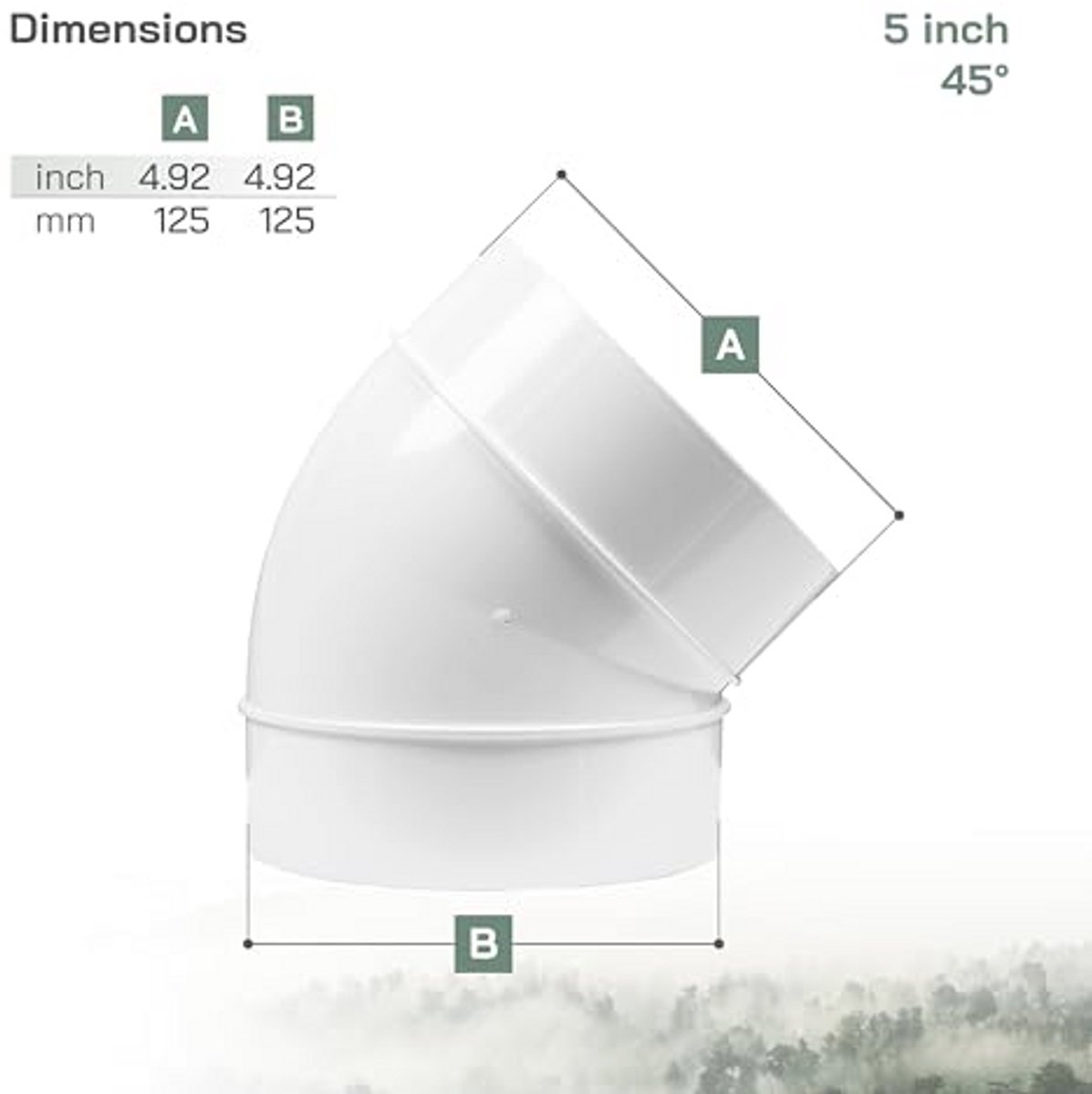 Elleboog Ø 125 mm 45 graden voor ventilatie, flexibele ronde buisverbinder voor kamerventilatie