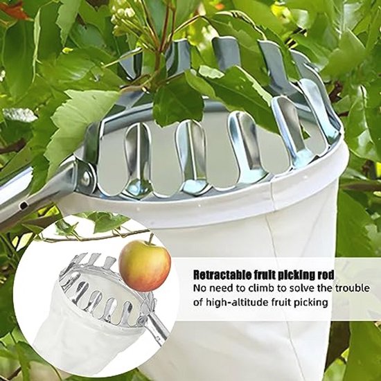 Telescopische fruitplukker voor gemakkelijk plukken van fruit in boomgaarden - Multifunctionele roestvrijstalen plukstang met katoenen zak — afbeelding 4